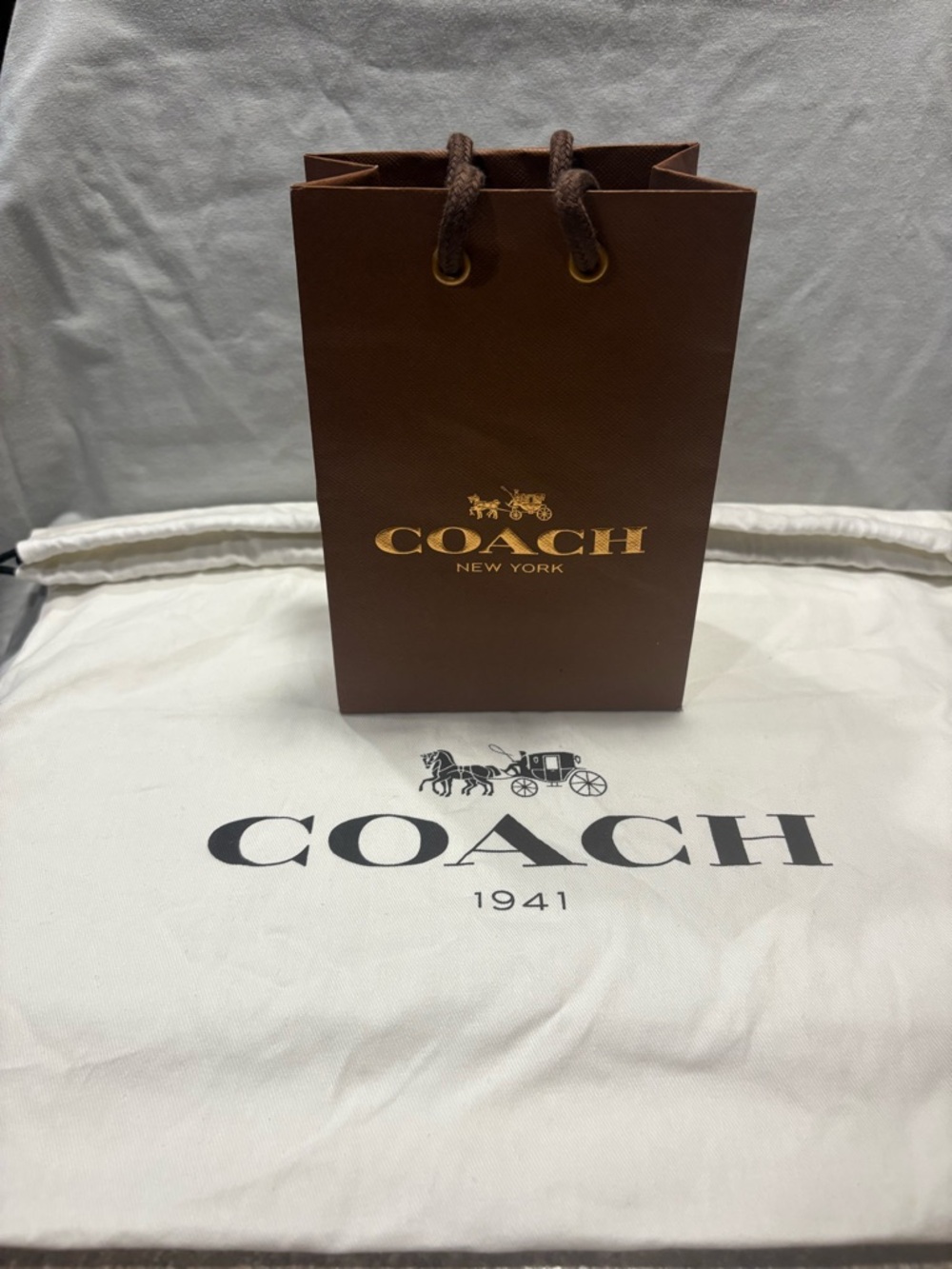 COACH New York Brown Paper Shopping Bag + White Dust Bag Bundle